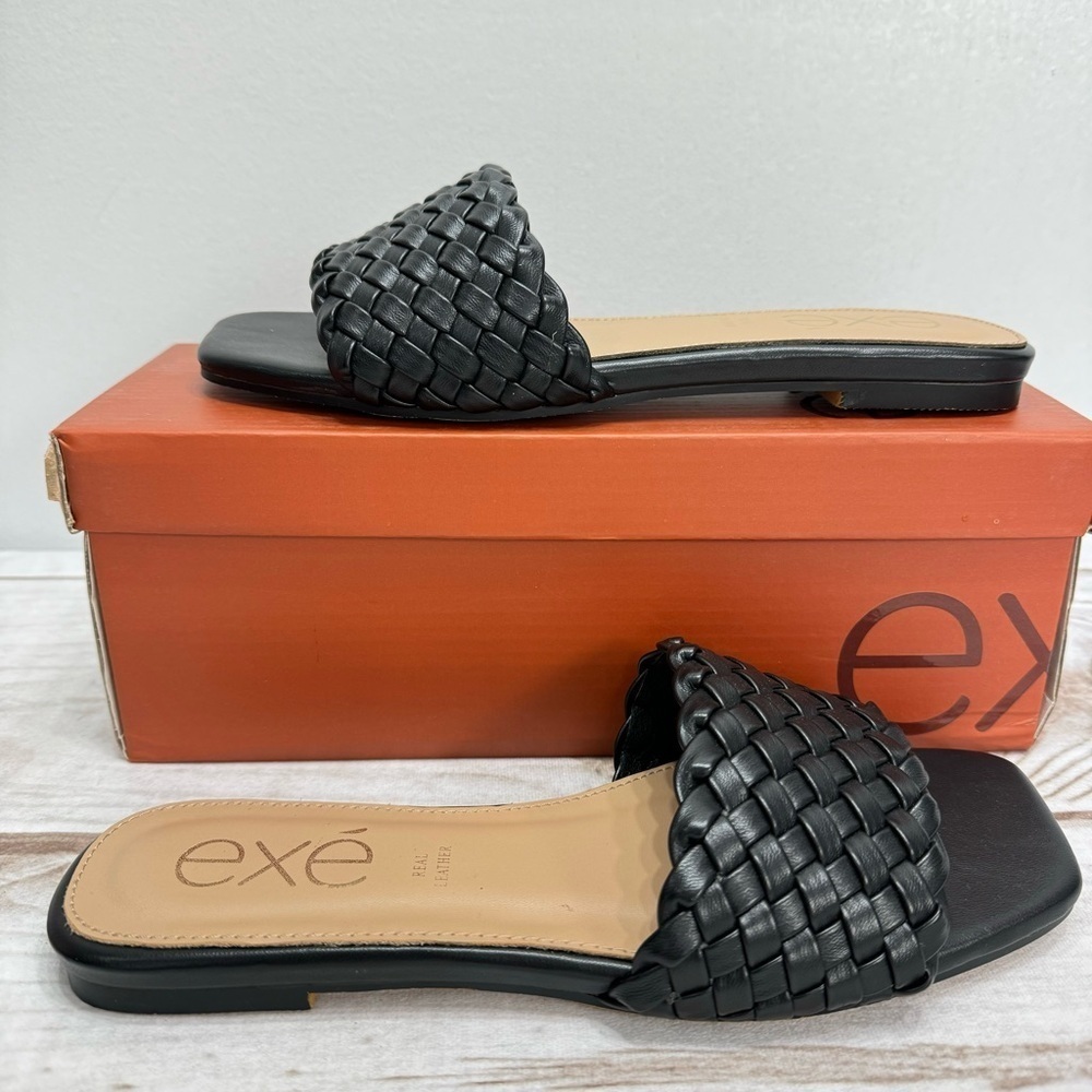 exe Kelly 556 Black Braided Woven Geniune Leather Flat Slip On Slide Sandals NEW